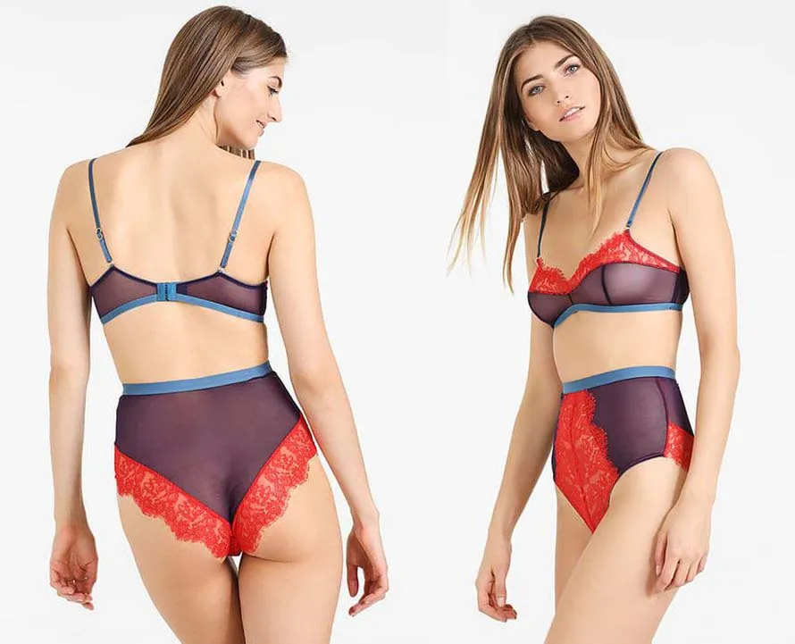 Dora Larsen P Bra underkläder Set Panty 2 Pieces Underwired Transparent Balconette Knickers Full Kort kort nattkläder svart vit röd trendig sexig