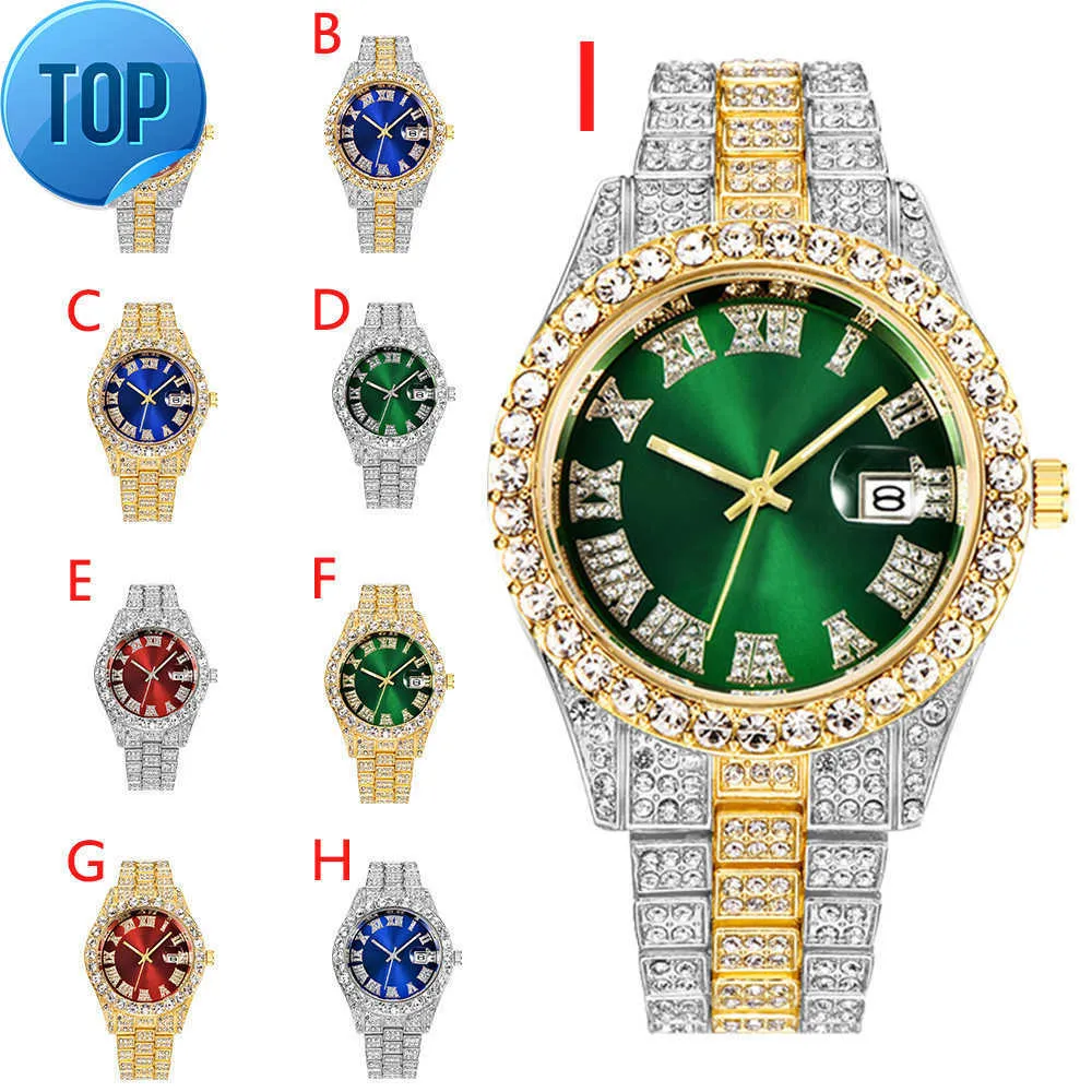 Montre Bling Hip Hop entièrement glacée montres argent or bleu cadran Quartz diamant montres hommes poignet