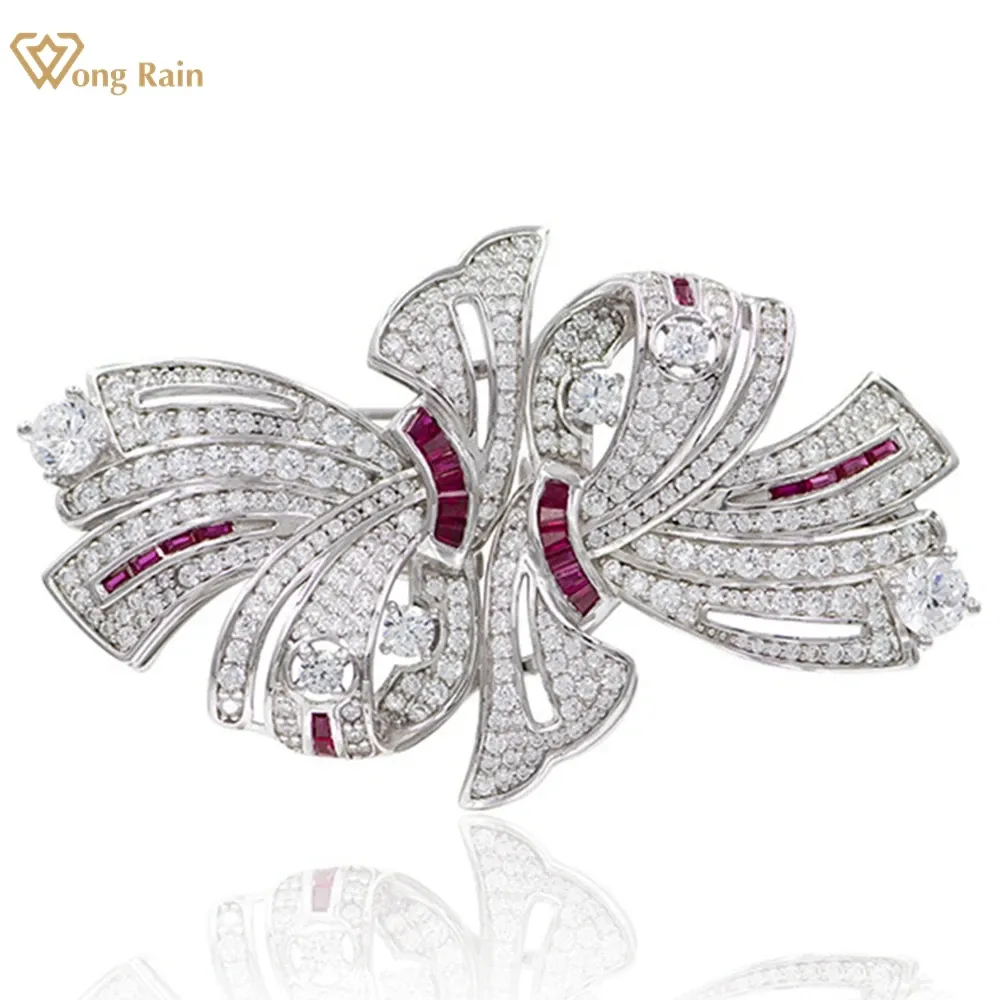 Bijoux Wong Rain luxe 100% 925 argent Sterling rubis haute teneur en carbone diamant pierre précieuse scintillant Bowknot broche broches bijoux fins cadeaux