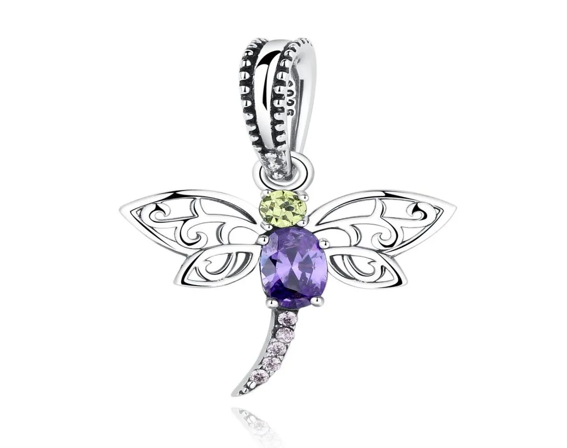 Pendentifs à breloques en argent Sterling 925, insectes libellules violets, adaptés aux bracelets pour femme, bijoux fins S925, 7377390