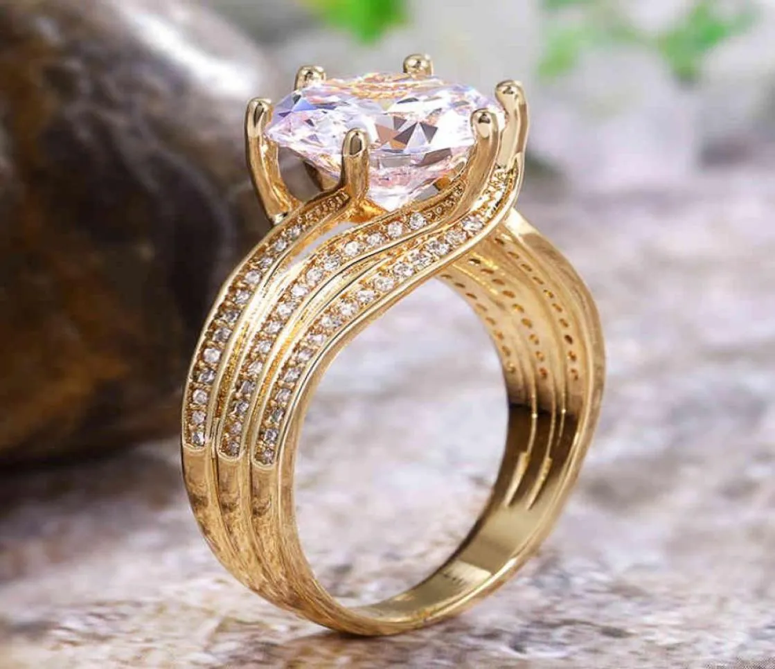 Huitan Magnifique Solitaire 12MM Zircon Cubique Anneaux De Mariage De Mariée Couleur Or Fête De Fiançailles Brillant Femmes Bijoux De Mode3879457