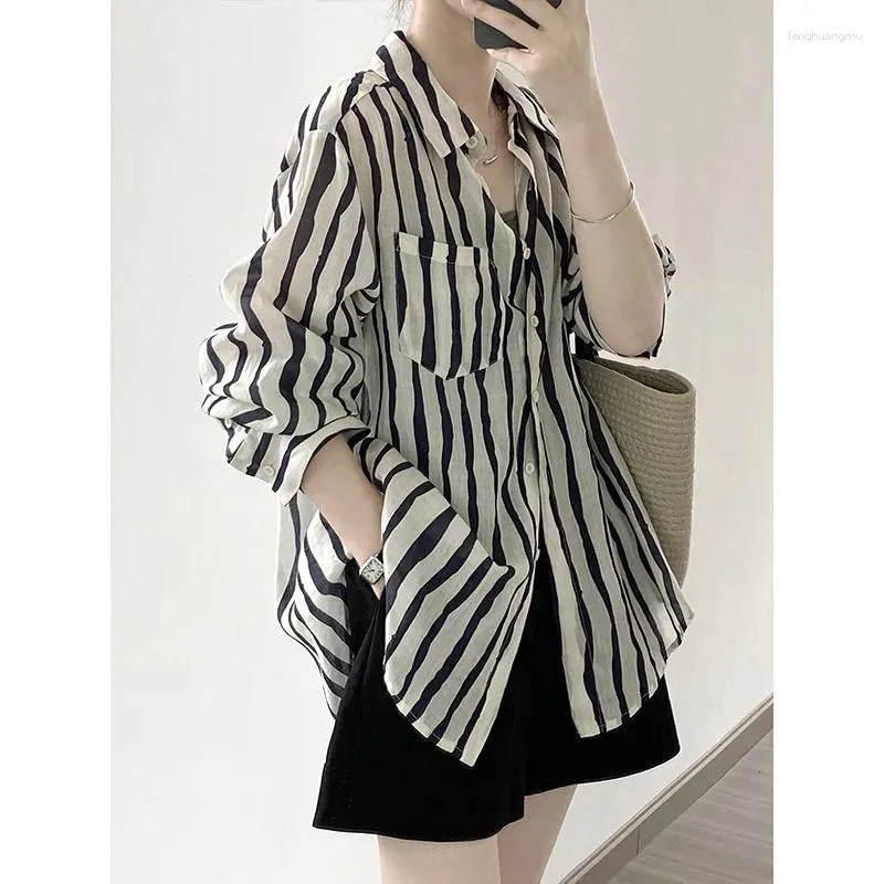Women's Blouses Material Hong Kong Style Vertical Striped Long-sleeved Shirt 2024 Summer Light And Thin Sun Protection Top