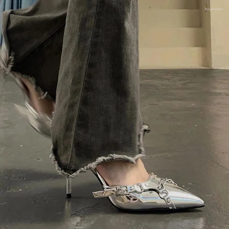 Модельные туфли Y2K, серебряные сандалии на высоком каблуке, женские летние женские туфли-лодочки на тонком каблуке с острым носком в стиле панк, готический стиль