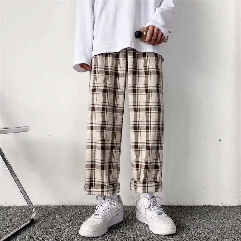 Pantalon à carreaux pour hommes, linge de maison coréen à carreaux, Streetwear à la mode, bas d'été, jambes larges, Harajuku, respirant, E68