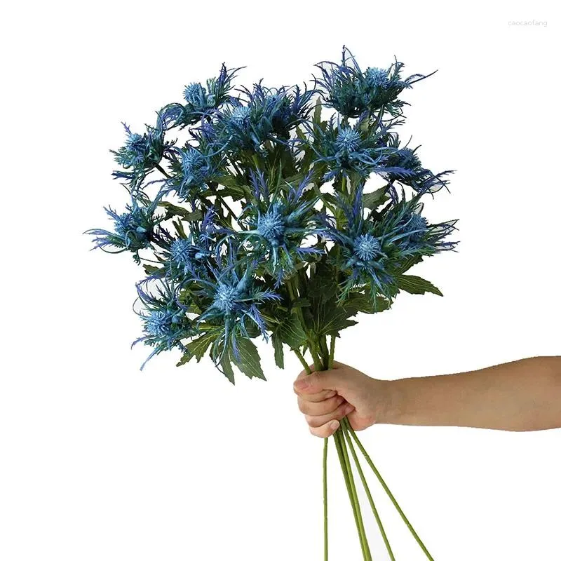 Fleurs décoratives 1 pièce de chardons d'éryngium artificiels, bouquet de plantes de simulation, 3 fourchettes, fête de mariage, bricolage, bouquet artisanal, centres de table, bleu clair