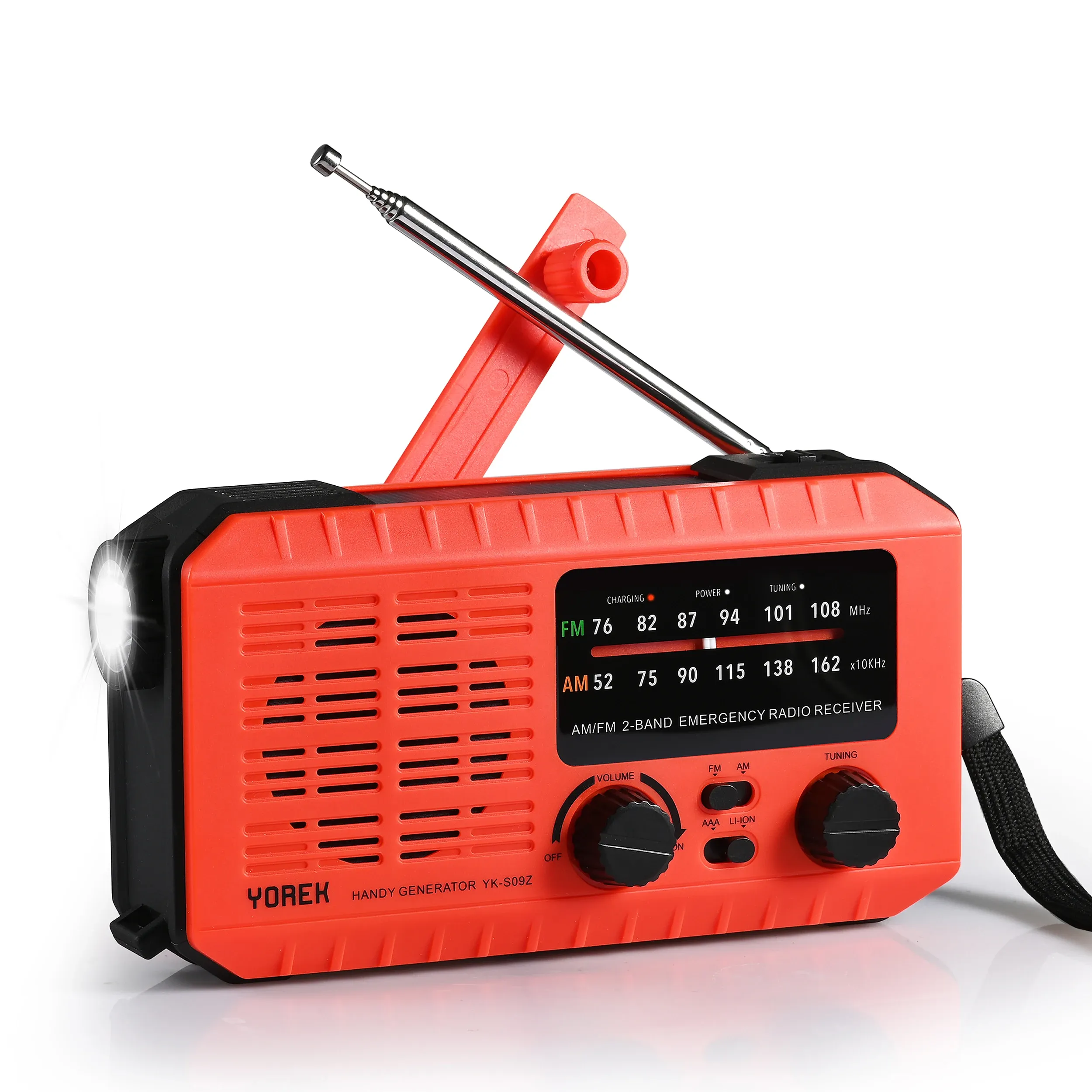 Radio Yorek Emergency Hand Crank AM FM Radio、2200MAH交換可能な18650バッテリー、LED懐中電灯付きソーラーラジオ、SOSアラート