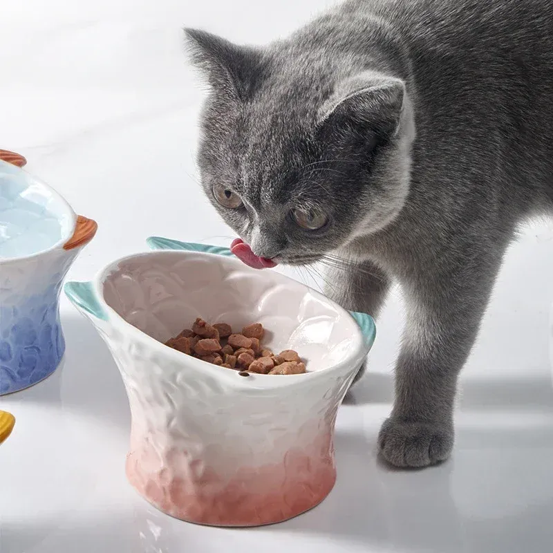 Alimentazione Cute Cat Ciotola per cibo in ceramica Pet Piede alto Mangiare Bere Ciotole per cani di piccola taglia Alimentatori per acqua a forma di pesce Piatto per gatti