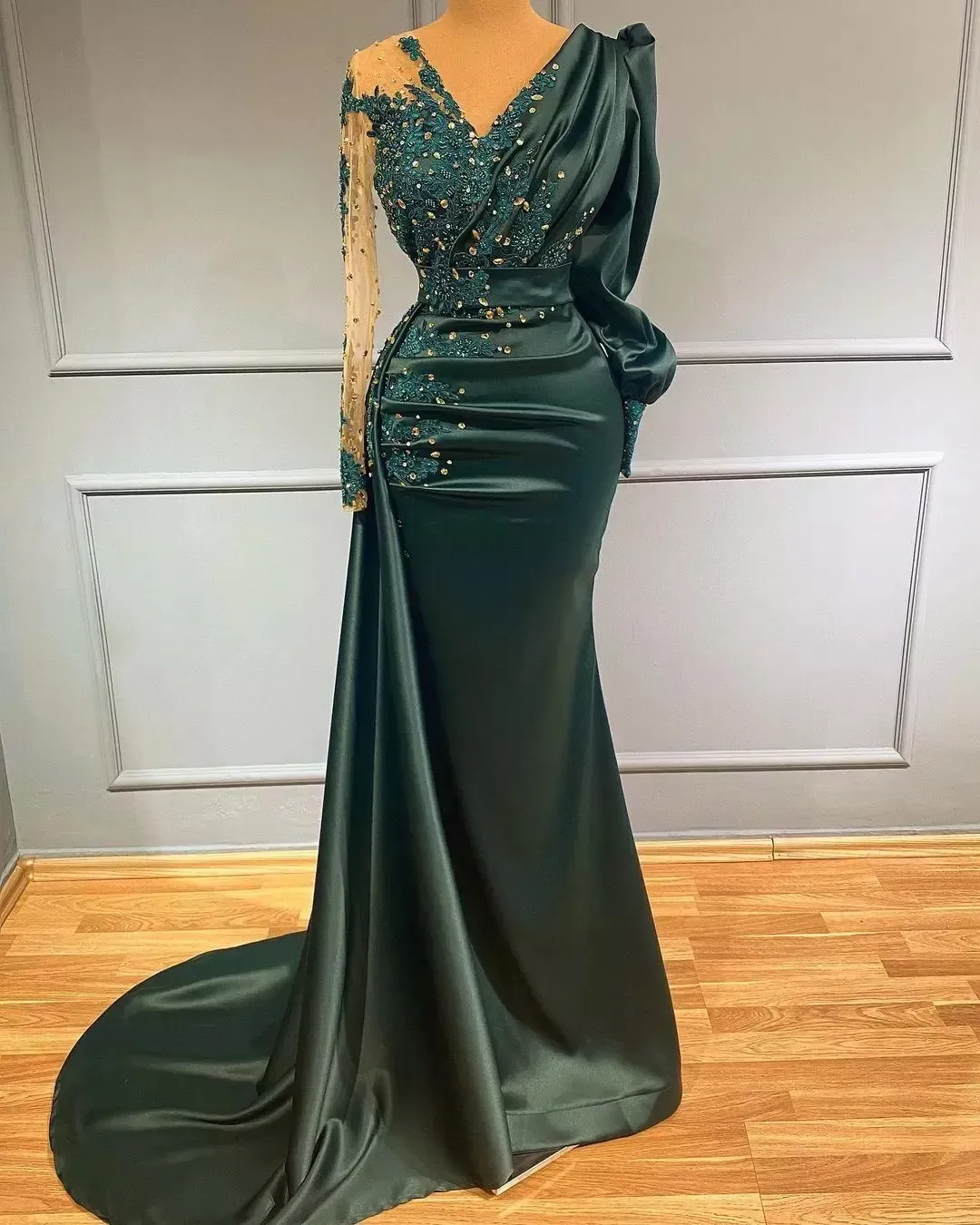 green emerald velvet dress Sheer Corset Dark Green Beaded Mermaid Long Formal Dress – Dressesforparty main image 1