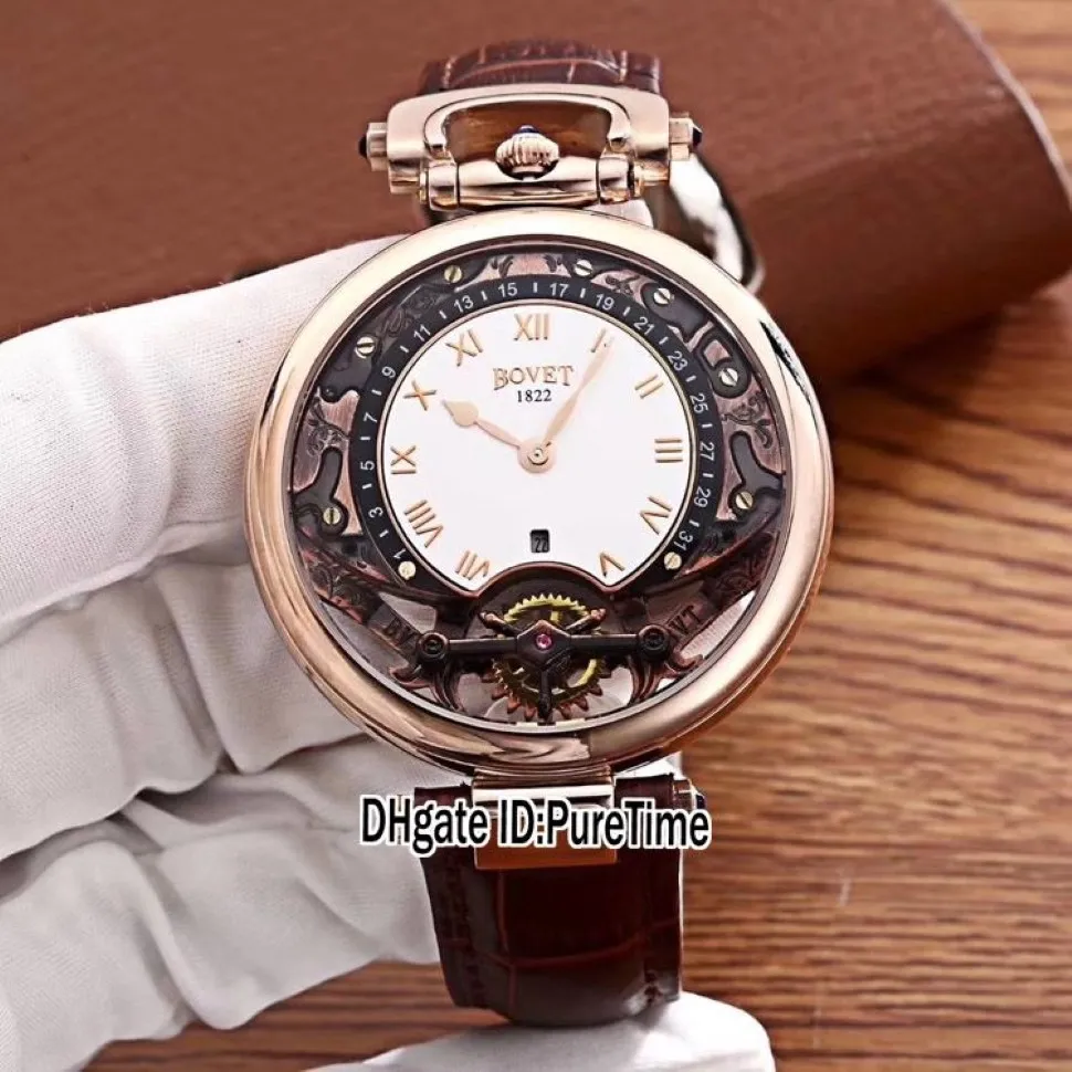 Nowy Bovet Amadeo Fleurier Grand Complikacje Virtuoso Rose Gold Skeleton Biała tarcza męska zegarek brązowy skórzany pasek sportowy 2385