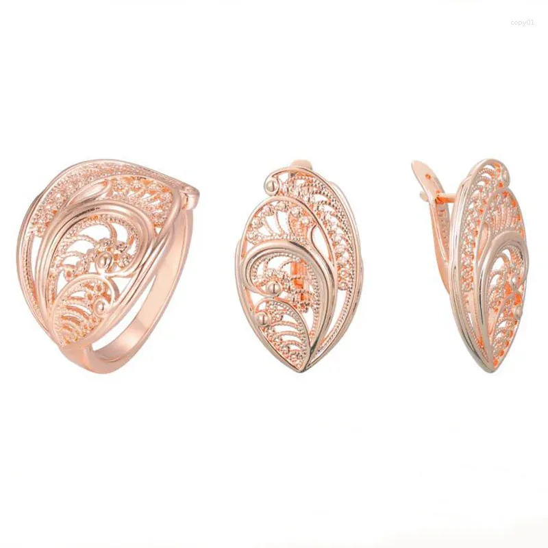 Necklace Earrings Set FJ Women 585 Rose Gold Color Rings Size 8 Flowers Oval Jewelry