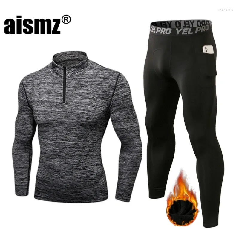 Men's Thermal Underwear Aismz High Collar Winter Fleece Men Long Johns Rashgard Shirt Leggings Warm Sport Compression Thermo
