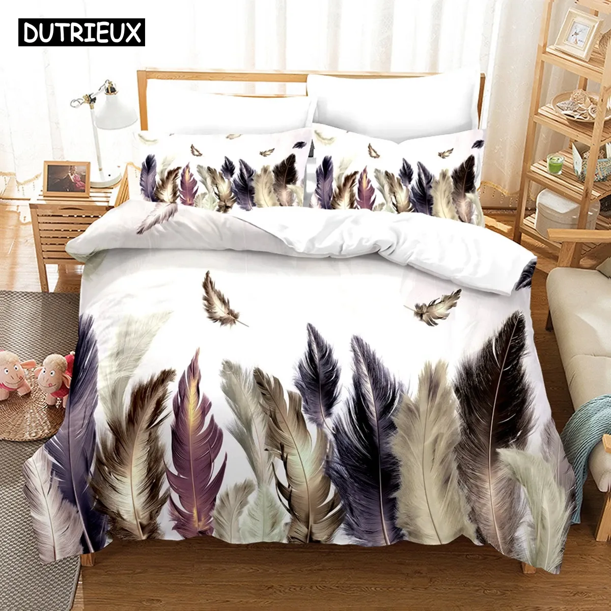 SET 3D PLUME Sängkläder Set Däcke Cover Set With Pillow Case Twin Full Queen King Bedclothes Bed Linen Sheer Curtain