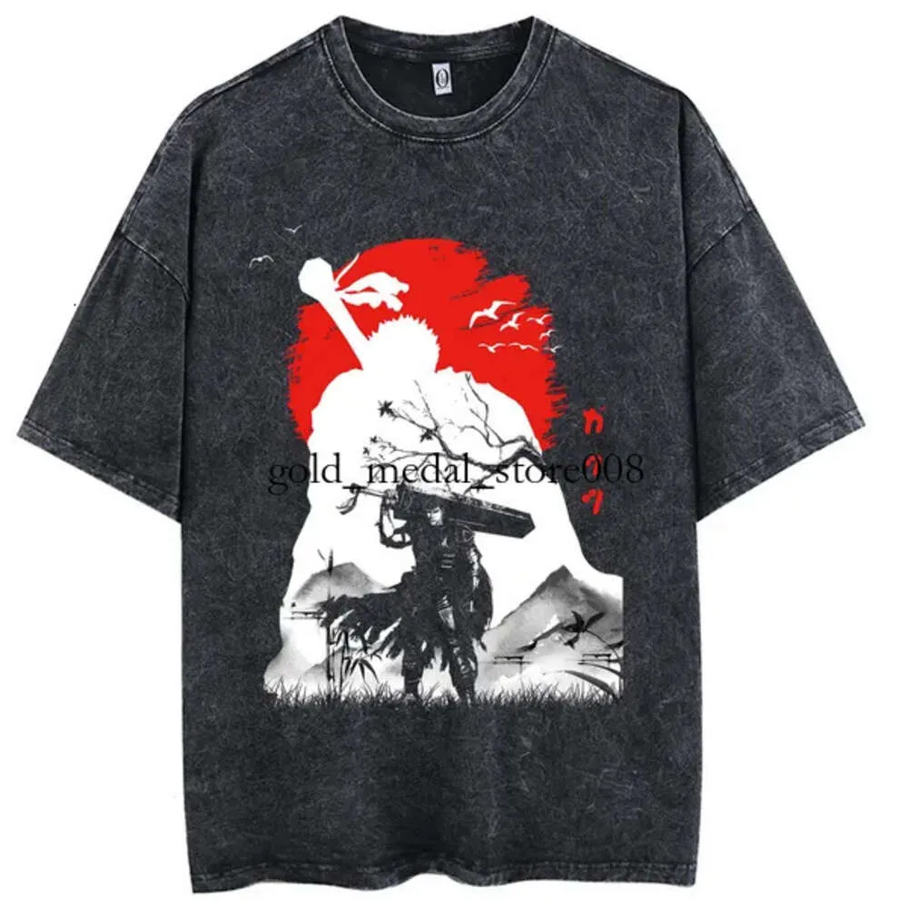 メンズTシャツアニメバーセルクビンテージマンガ酸洗浄Tシャツ100％コットンティーヒップホップストリートウェアトレンドグラフィック印刷トップ558