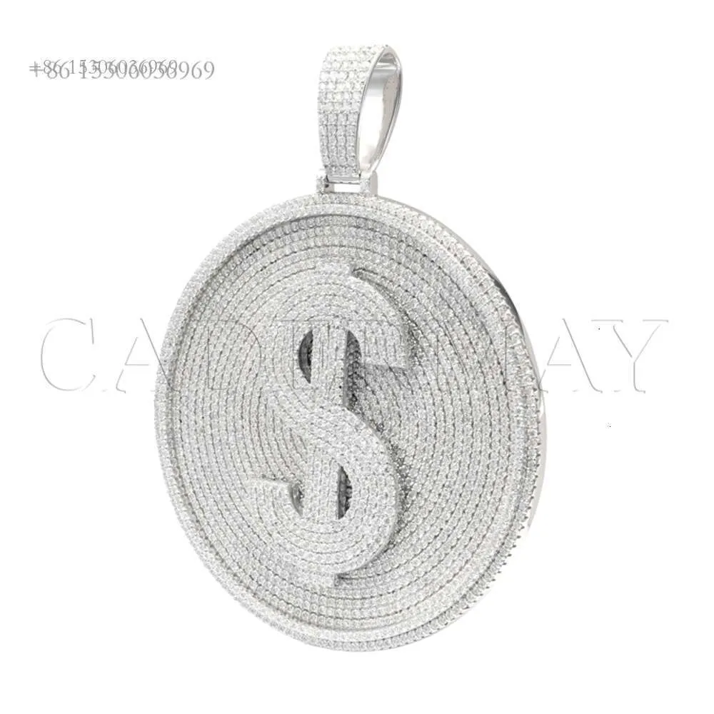 Hip Hop Custom Mönster S Sterling Sier Circle Shaped Disk Moissanite Diamond Necklace Pendant