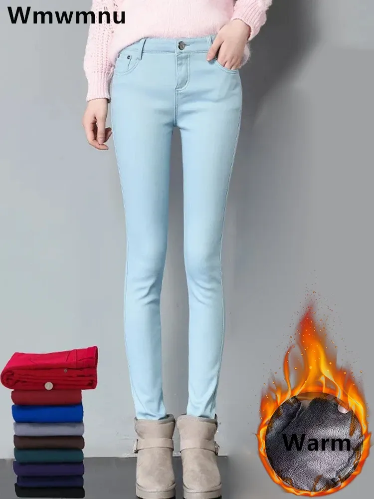 Jeans Jeans skinny foderati in velluto addensato color caramello Donna Inverno Leggings caldi a vita media Vaqueros Pantaloni a matita in denim elasticizzato oversize