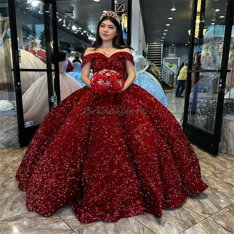 fitted lace wedding dress Zapaka Women Red Long Tulle Quinceanera Dress Princess Off The Shoulder Ball Gown Sweet 16 Dress, Red / US20W main image 0