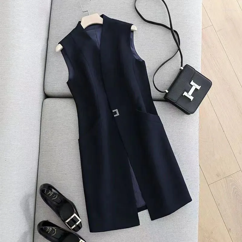 Kvinnors västar 2024 Casual Black Vest Women Clothing Spring Autumn Sleeveless Blazer Jacket Medium och Long Slim Female Waistcoat