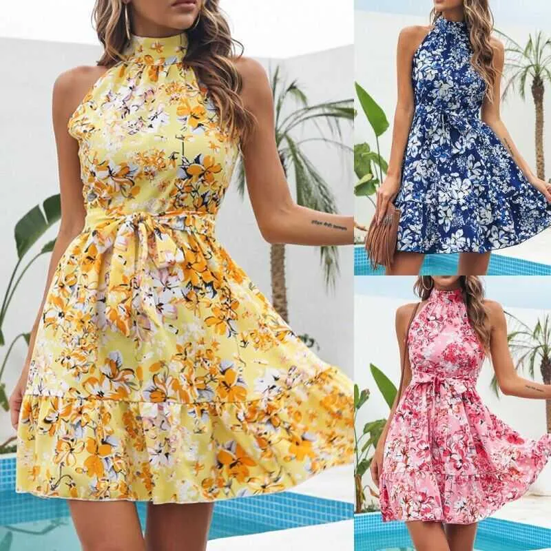 Stedelijke sexy jurken lente zomer nieuwe stijl kant-up ruches rand grote display gefragmenteerde bloemenjurk voor dames