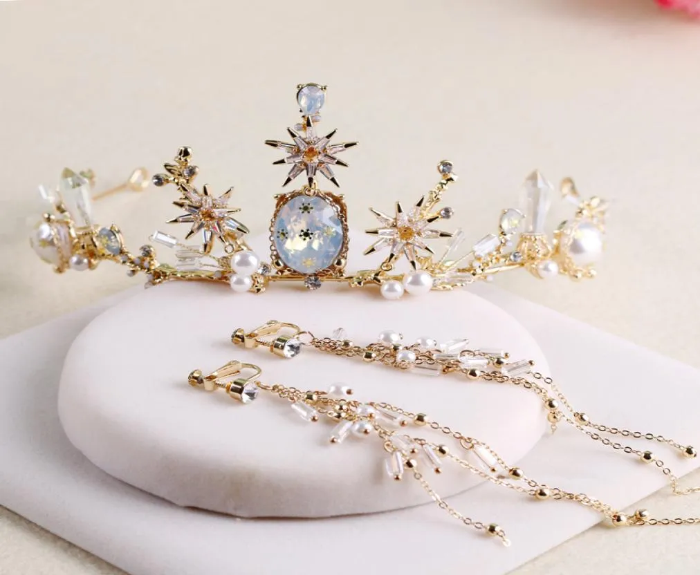 Himstory Barok Lüks Rhinestone Star Gelin Taç Taç Altın Vintage El Yapımı Diadem Tiaras Düğün Saç Aksesuarları4478639