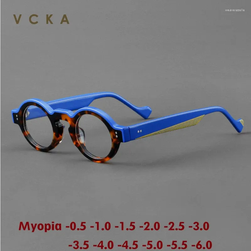 Solglasögon VCKA Vintage Acetate Myopia Glasögon Frame män runt receptbelagda optiska retro glasögon kvinnor lyxgyar -0.5 till -6.0