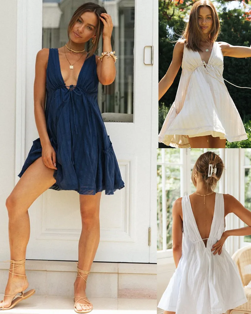 Robes décontractées femmes sans manches robe midi spaghetti sangle couleur unie cravate robe d'été élastique une ligne fluide plage fête