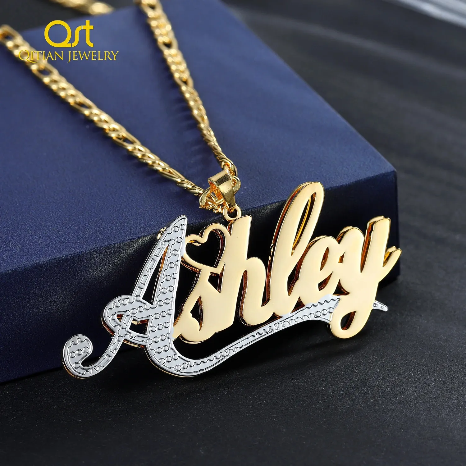 Qitian Collar con nombre chapado en oro doble personalizado de 18 quilates para mujer Nombres personalizados de acero inoxidable Colgante Cadena Joyería Sus regalos 240221