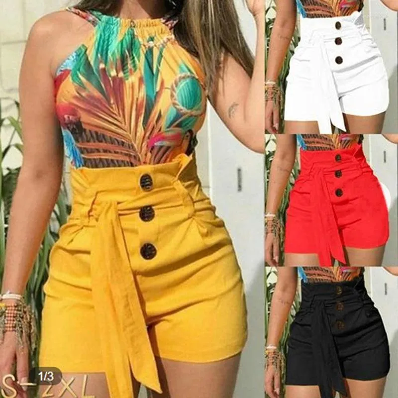 Women's Shorts Summer High Waist Casual Solid Loose Wide Leg Pants Beach Fashion Jeans Belt Design Slim