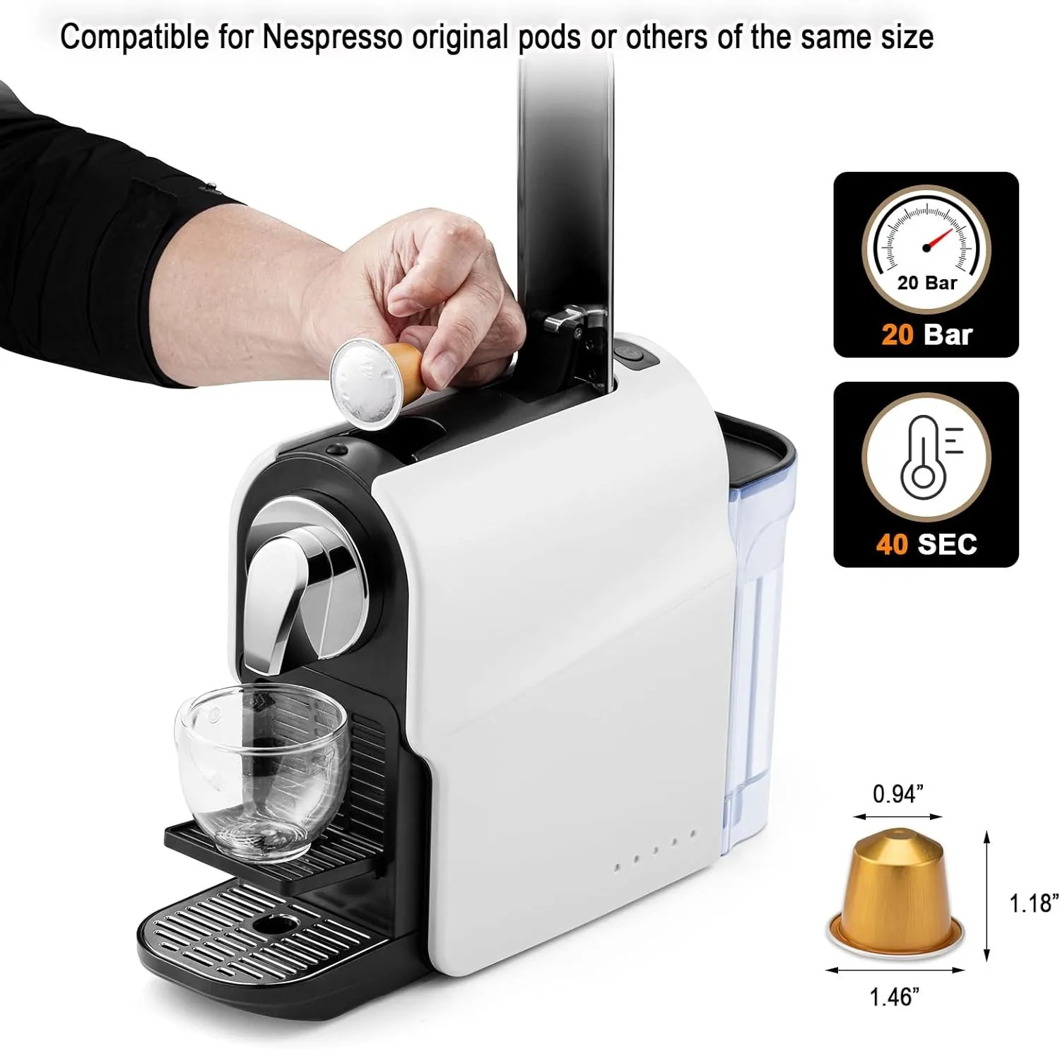DHgate Nespresso Original Capsule Coffee Machine Compact Espresso Maker with 20 Bar High Pressure Pump Removable Water Tank Adjustable Cup Tray 1350W Home Garden