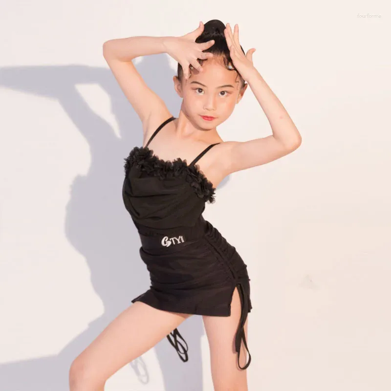 Stage Wear Costume de danse latine pour enfants Advanced Sense Set 2024 Summer Girls Black Strap Practice