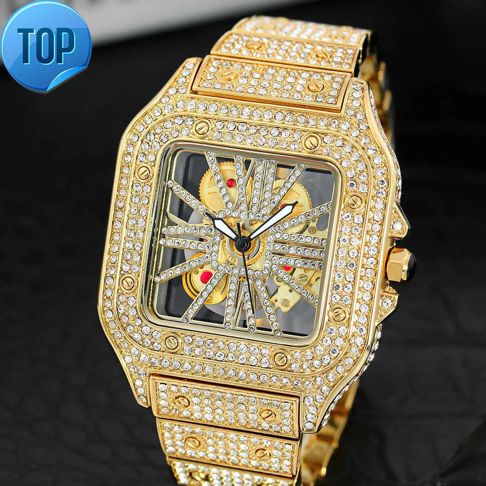 MISSFOX V324A Hip Hop évider montre carrée pour hommes plein diamant or hommes montres étanche montre-bracelet à Quartz