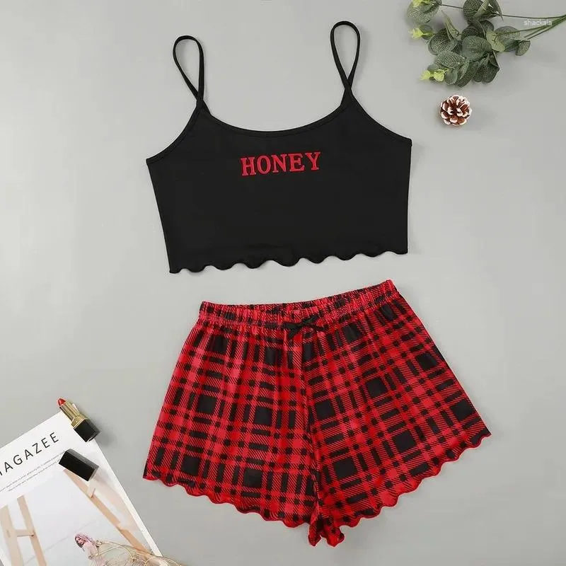 Women's Sleepwear Sleep Tops Plaid Pants Pajamas For Girls Summer Sexy Sleeveless Year's Pijamas Nightwear Women