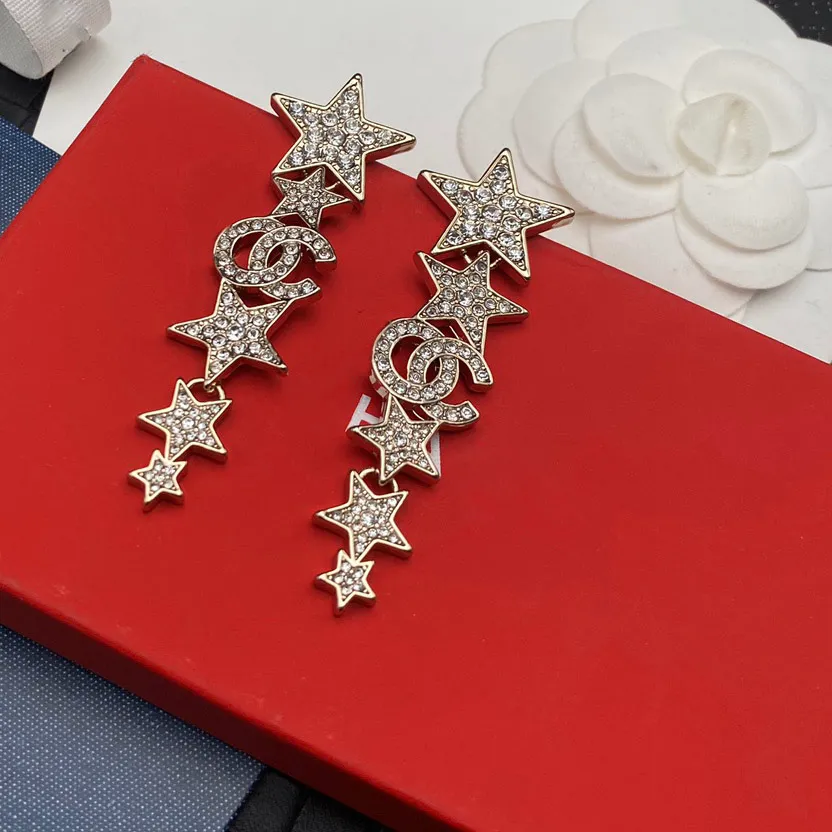 Womens Copper Crystal Star Long Earring EarNrop Designer Jewelry Fashion Never Fading Coffee Gold Plated Earrings Accessories Gifts Back Stamp