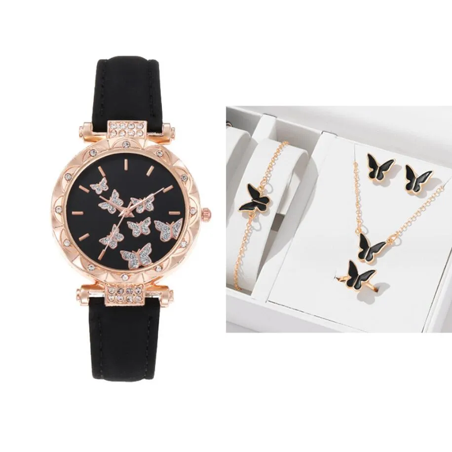 5 -stcs/set luxe horloge vrouwen ring ketting oorbellen armband set horloges vlinder lederen band dames kwarts polshorloge
