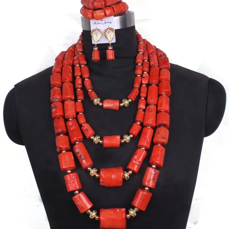 Dudo 11-32mm Nature Coral Beads Set 4 Layers Earrings Bracelet Necklace African Bridal Jewellery Set 2024 Nigeria Wedding