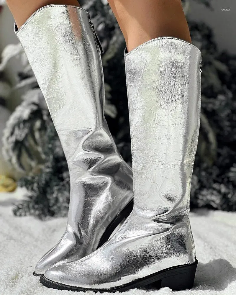 Botlar Buzağı Kadın Metalik Tıknaz Kovboy Tarzı Ayakkabı Kafası Silver Women's Diz-Highed Toe High Botas