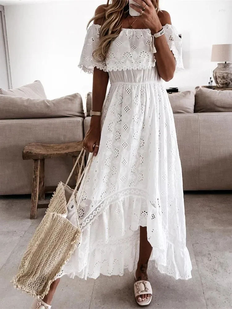 Save Big on Bulk White Ruffle Beach Dress Casual Dresses Women Bohemian  White Long Dress Short Sleeve Off Shoulder Lace Ruffle Loose Summer Holiday 