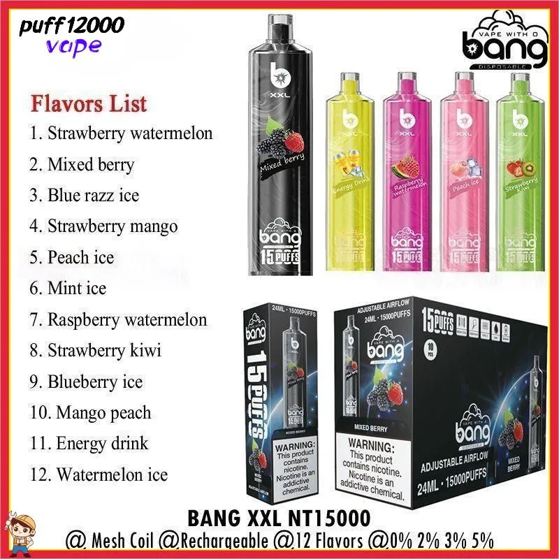 Bang TN 15000 XXL 15K Puffs Disposable Vape Authentic bang Vapers Mesh Coil Rechargeable Electronic Cigarettes 0% 2% 3% 5% 12 Colors Pen System puff 15k vapes LED