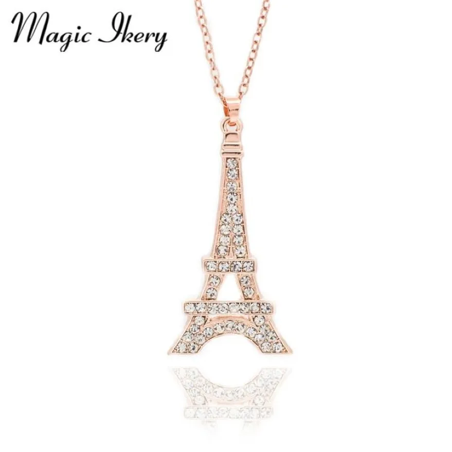 Magia Ikery Zircon Cristal Clássico Paris Torre Eiffel Colares Pendentes Rosa Cor de Ouro Moda Jóias para mulheres MKZ1392283t