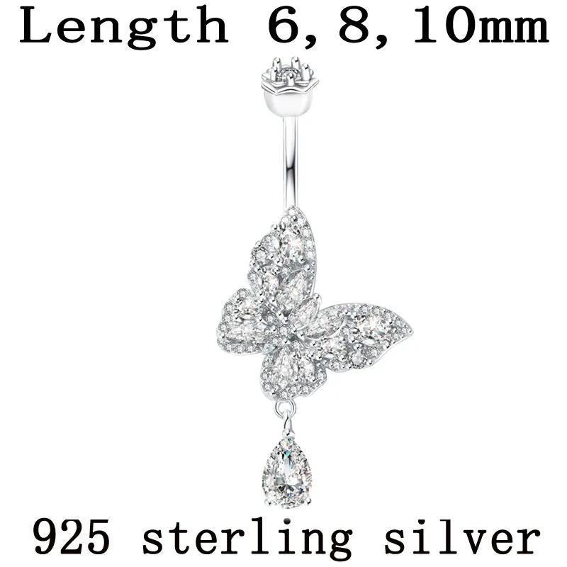 Bijoux nombril anneau papillon balancent goutte d'eau forme broche Zircon clair réel 925 argent sterling insecte bijoux fins