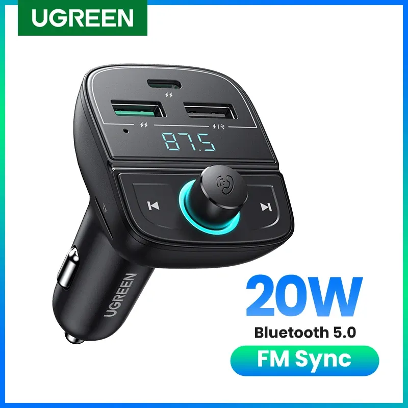 Kit UGREEN Bluetooth FM Transmitter Car Charger for iPhone 14 13 12 QC3.0 Bluetooth 5.0 Wireless Radio Adapter Dual USB Fast Charger