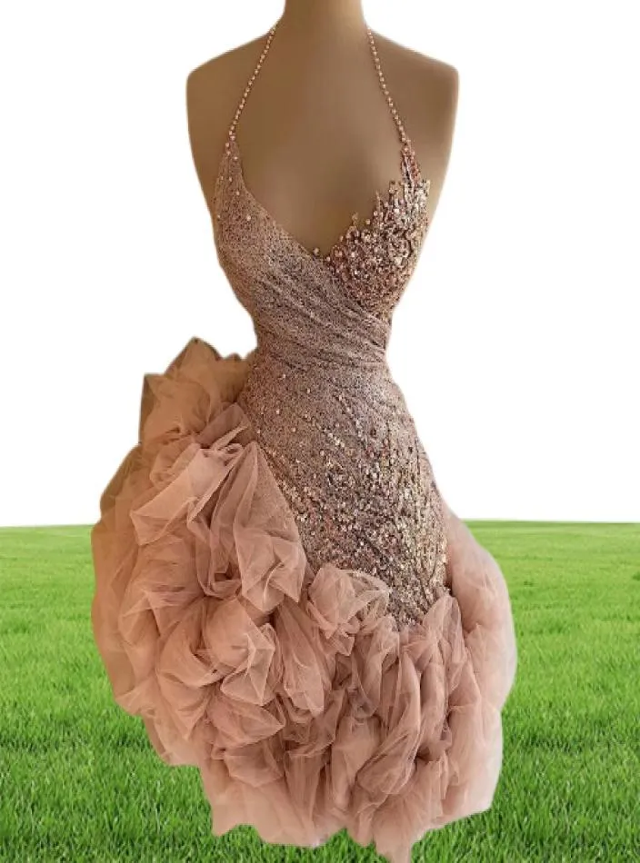 Robe de Cocktail courte à volants rose poussiéreux, Mini robe de bal, col licou, perles, dentelle, paillettes, Robes de soirée, 9881496