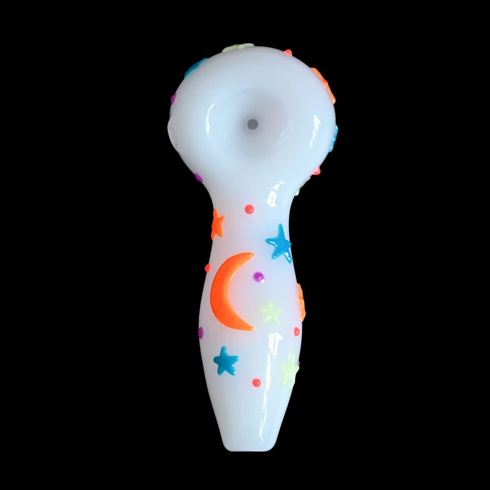 1 Stück, 4 Zoll farbige handgezeichnete Glaswasserpfeife, süßes Stern-Mond-Muster mit im Dunkeln leuchtendem Borosilikatglas-Bong, Glas-Wasserpfeife, Rauchzubehör