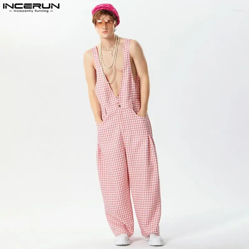 Männer Hosen 2024 Männer Overalls Plaid Oversize Tiefem V-ausschnitt Ärmellose Streetwear Strampler Taschen Lose Beiläufige Breite Bein Overalls INCERUN