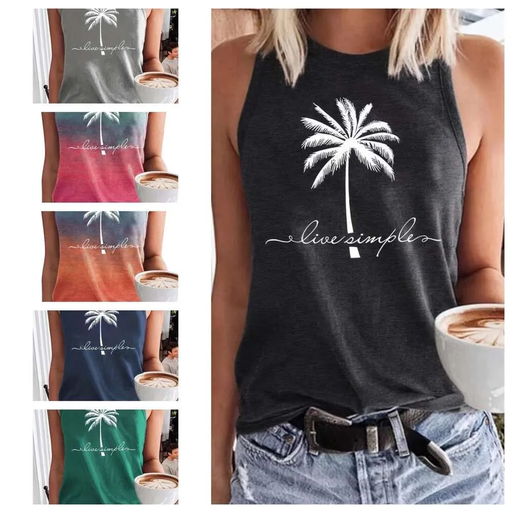 Designer 2024 dames groothandel vakantie kokospalm letterprint casual losse tanktop met ronde hals voor dames kleding mode elastisch