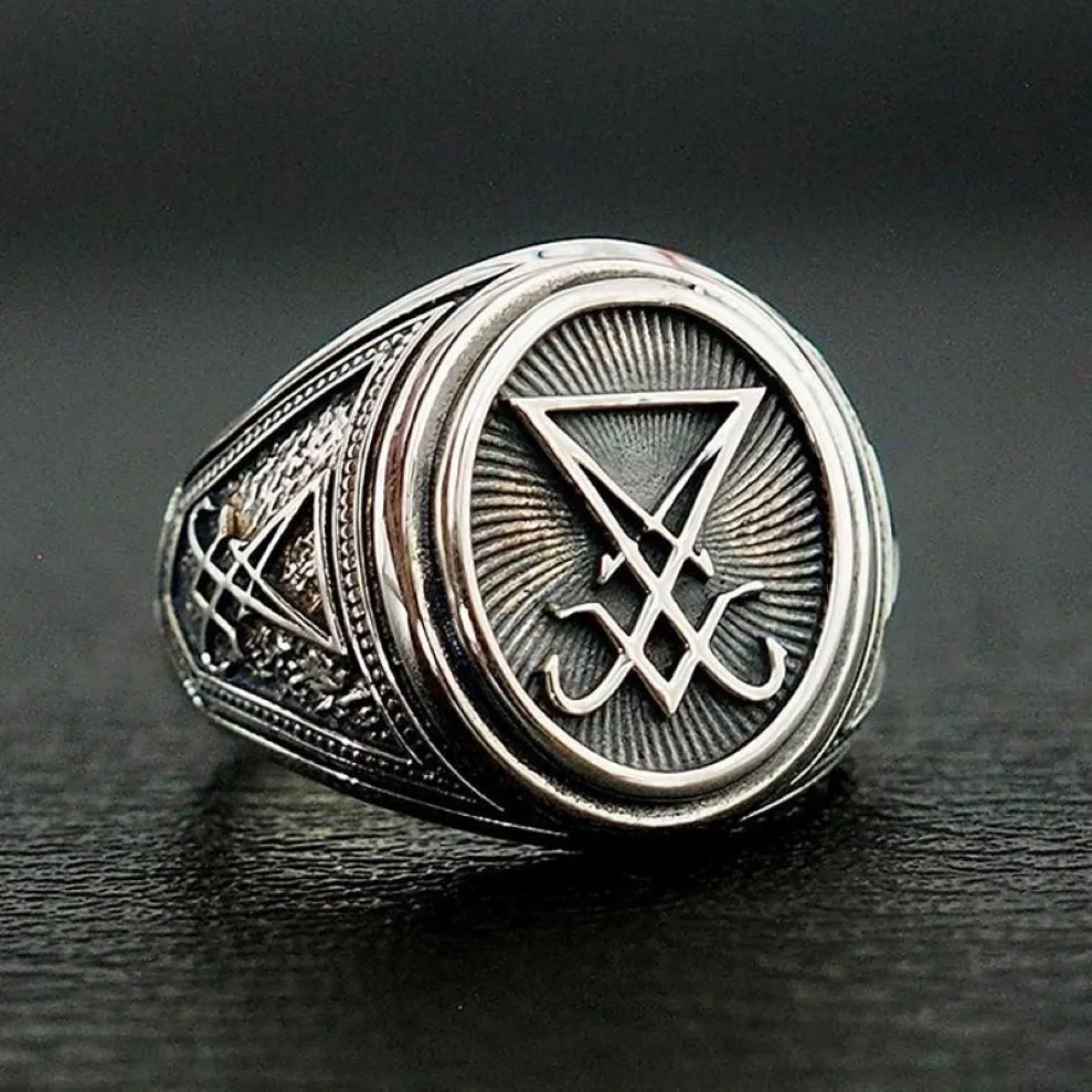 Retro Gothic Lucifer Satan Signet Ring Stainless Steel Rock Punk Seal Rings Men and Women Pagan Jewelry Gift2134