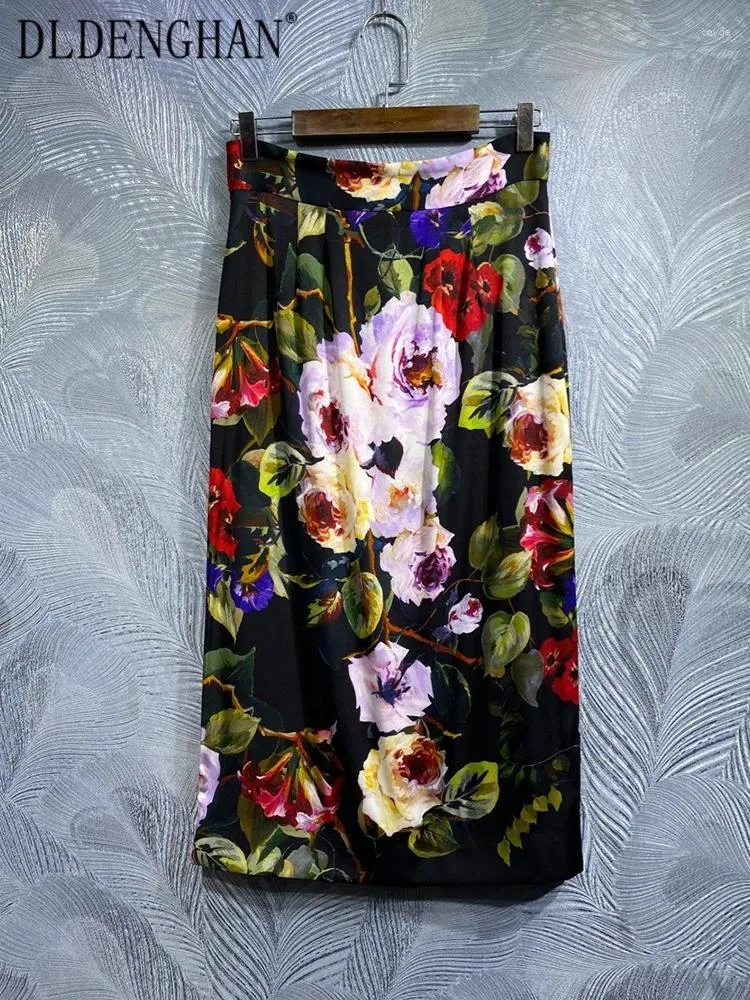 التنانير Dldenghan Spring spring Sicily Silk Skirt Women High Weiste Floral Print Presal Party Pency Designer