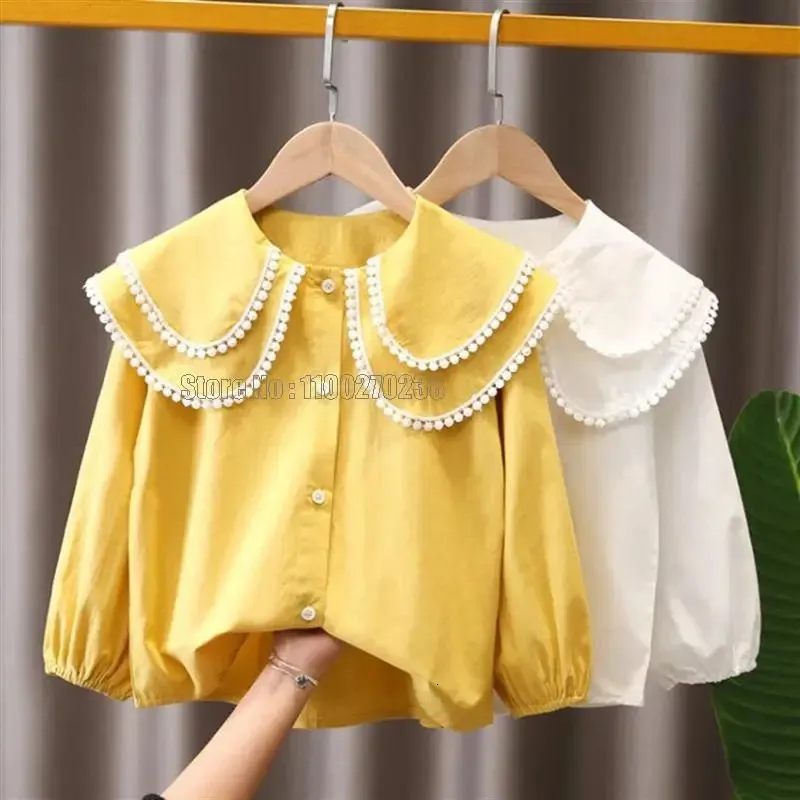 Bahar Sonbahar Bebek Yürümeye Başlayan Teen Girls Dantel Bluz Beyaz Çocuk Giysileri Uzun Kollu Okul Gömlek Çocuk Tops 240219