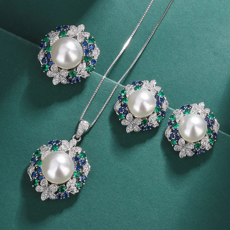 Sets Charms Emerald Crystal Sunflower White Pearl Ring Earrings Neaklace Set Jewelry Luxury Wedding Accessories for Women Gift