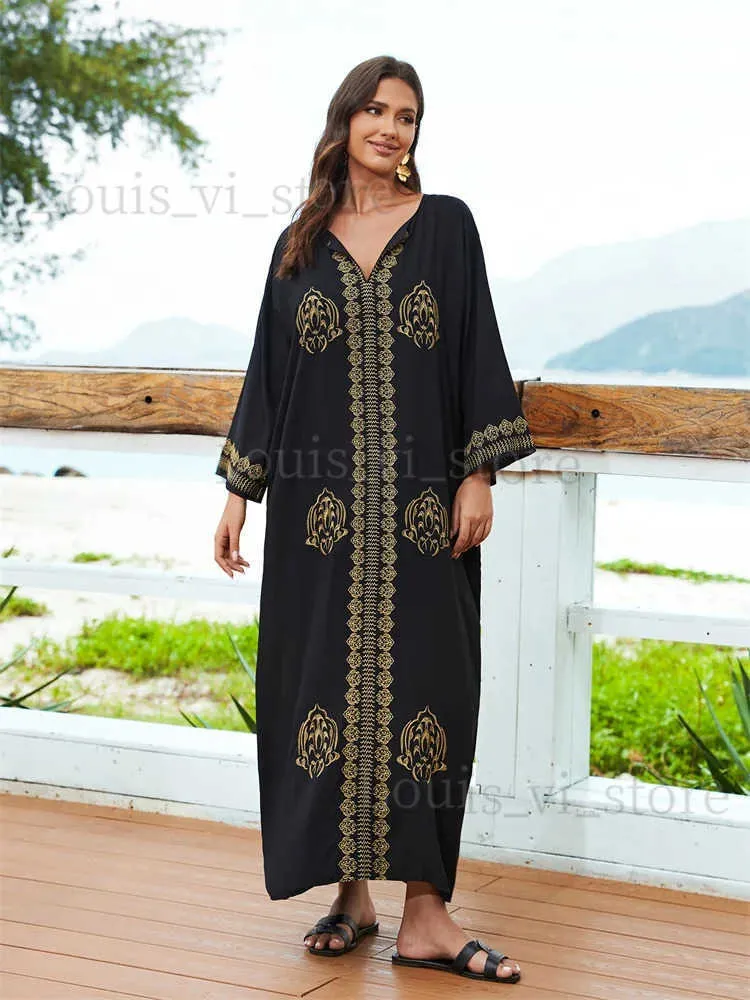 Robes décontractées de base Broderie grande taille à manches longues caftan robe de plage maillot de bain couvrir 2024 femmes été vêtements de plage Moo robe Q1603 T240227