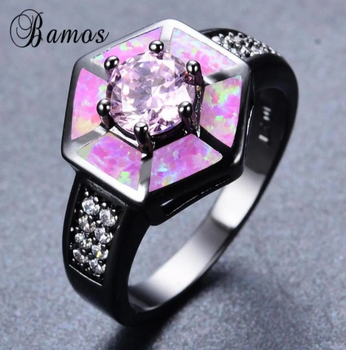 Bröllopsringar Bamos Romantic Pink Fire Opal for Women Lady Black Gold Filled Party Engagement Promise Ring Anillos RB10573848058